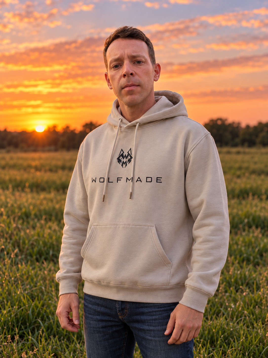 WOLFMADE founder wearing the stone hoodie outdoors at sunset